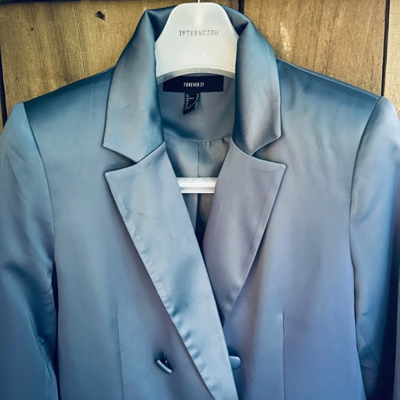 Forever 21 Satin Evening Blazer Womens  Blue Double-Breasted Jacket Size M - Picture 4 of 9